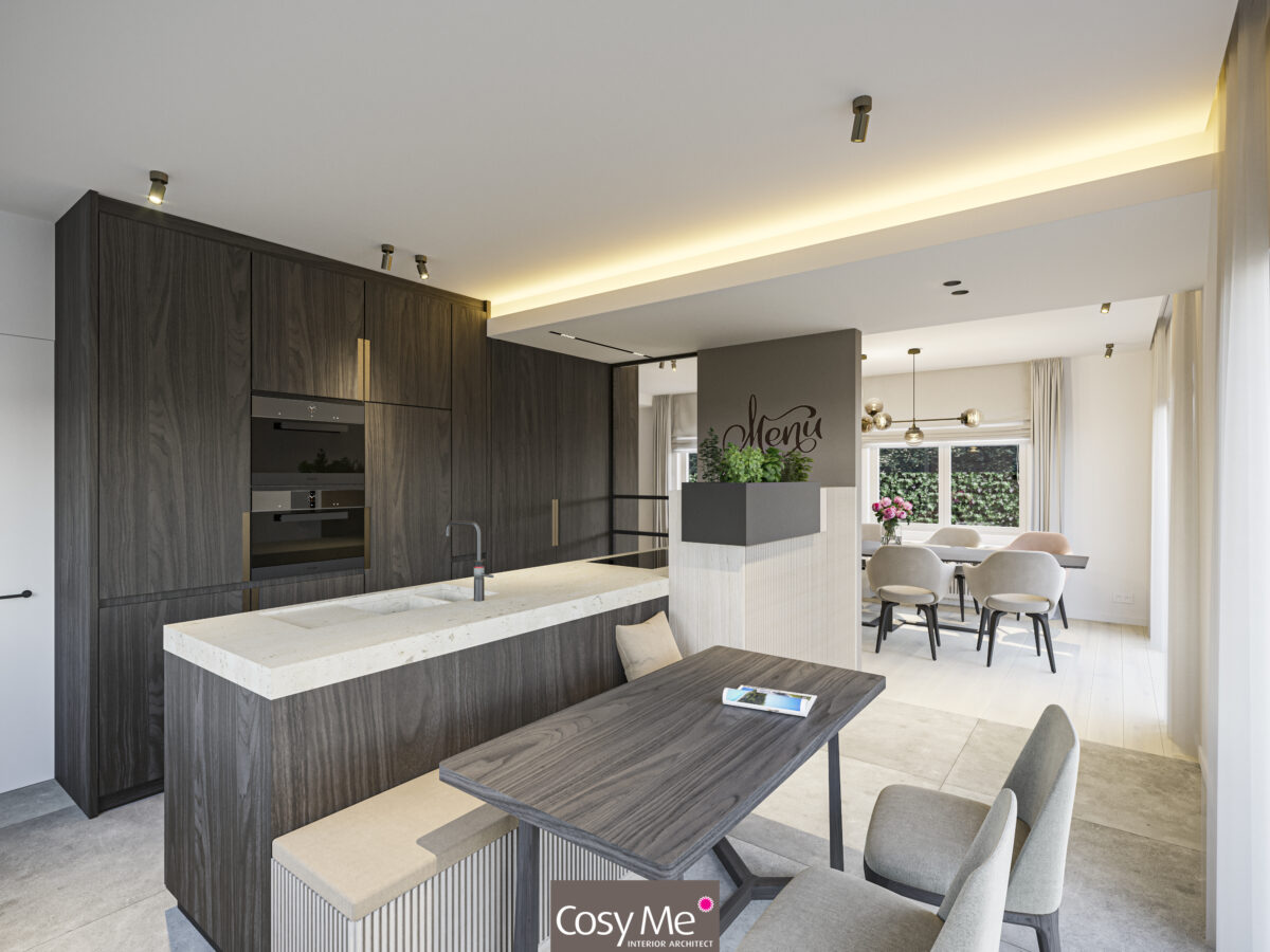 Interieurontwerp in Lennik met donkere keuken en lattenwand | Cosy Me